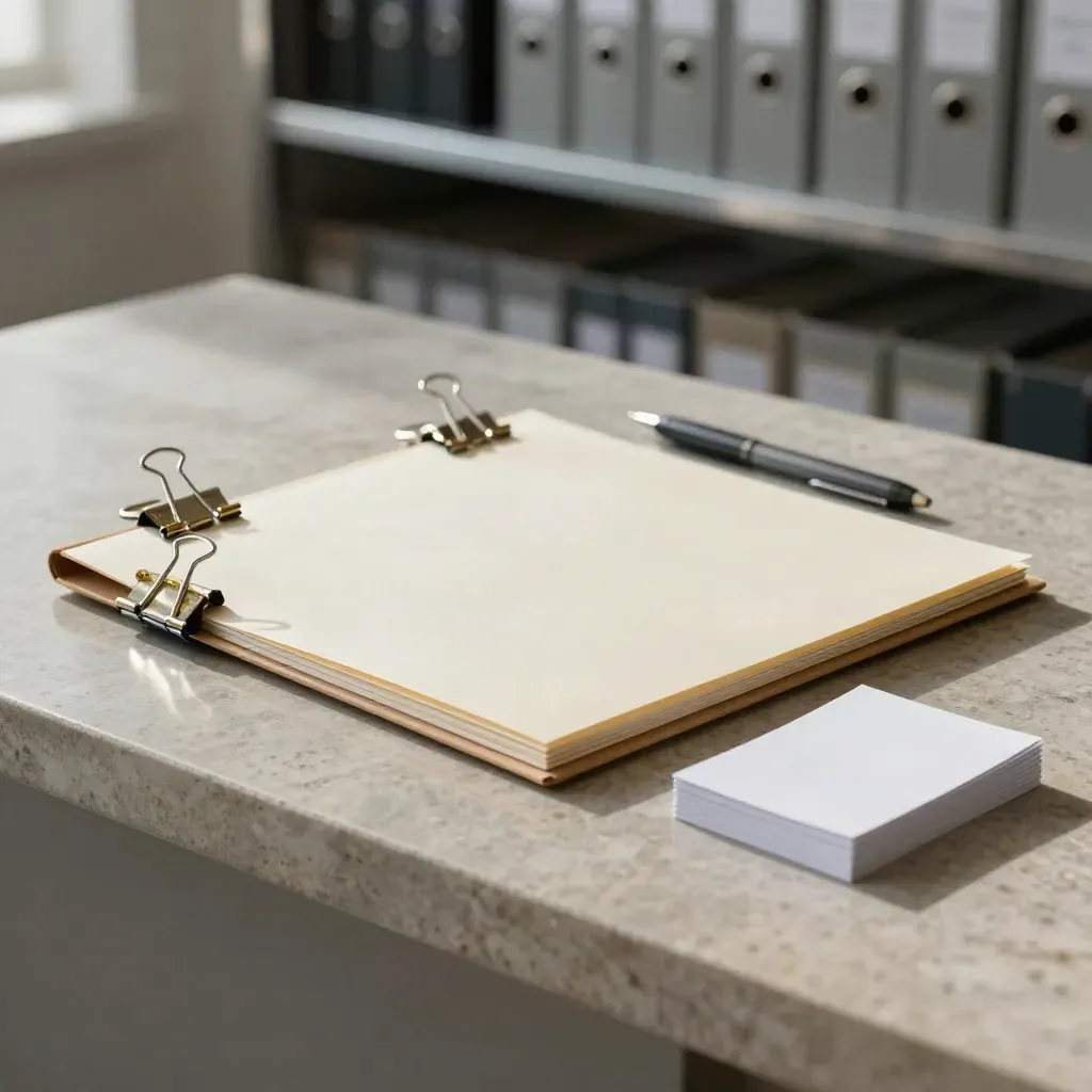 Gesloten vergadermap met clips, pen en blanco actiekaarten op een stenen tafel.
