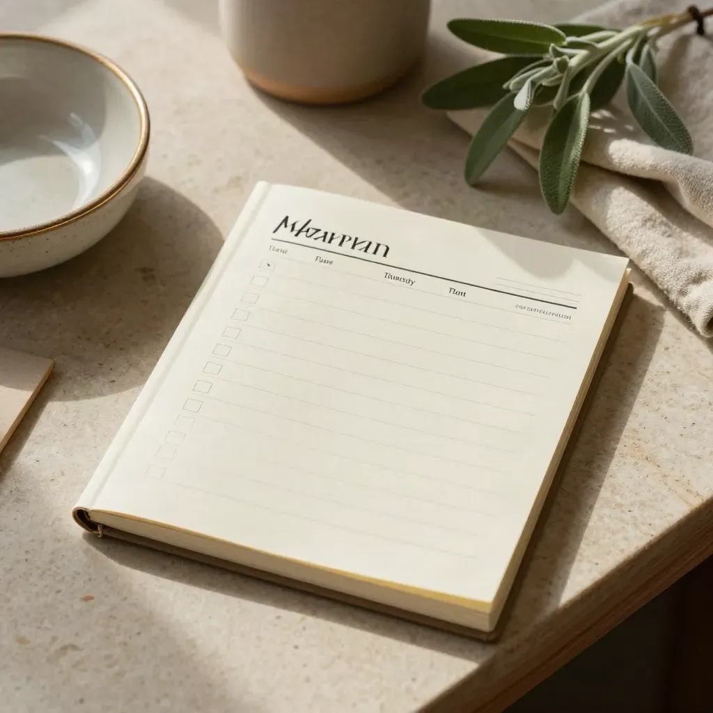 Checklistset voor jaarplan met keramische schaal, wol, plant en stenen notitieblok op lichte steen.