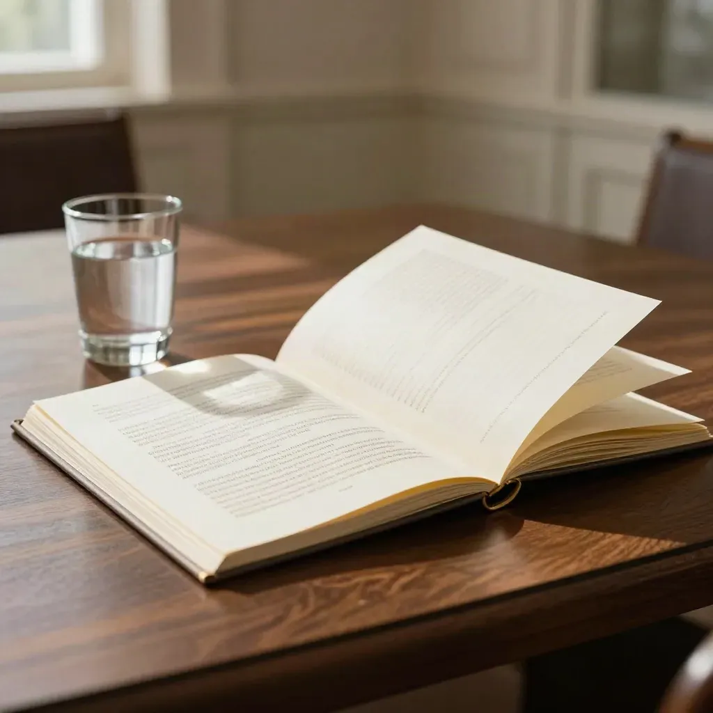 Open bestuursdossier met zes tabbladen, koperen clip en glas water op donkere houten tafel.