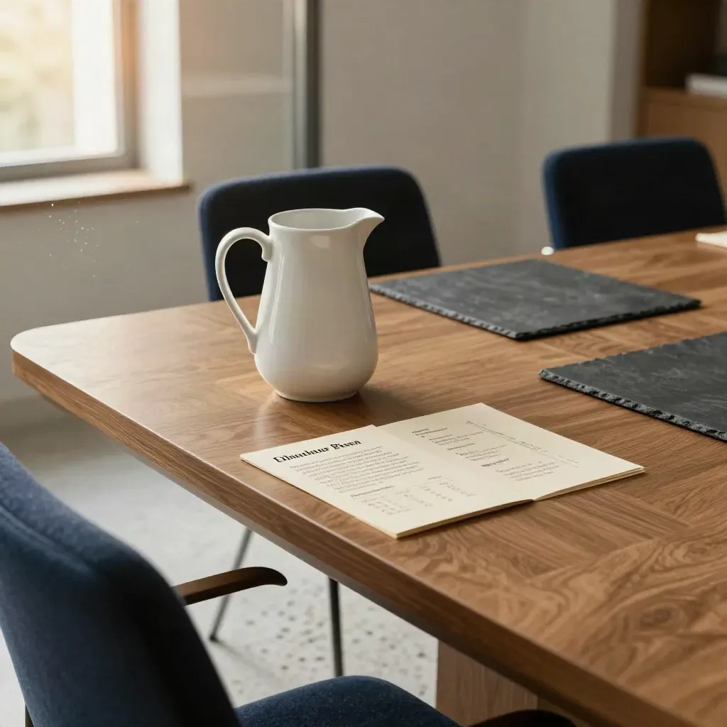 Warme vergadertafel met pitcher, omgekeerde stakeholderkaarten en twee vage stoelen in zacht licht.