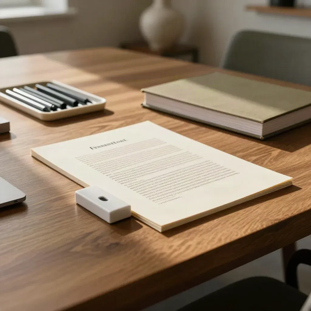 Bestuursoverzicht op tafel met dossier, papiergewicht en lampbasis in zacht licht.