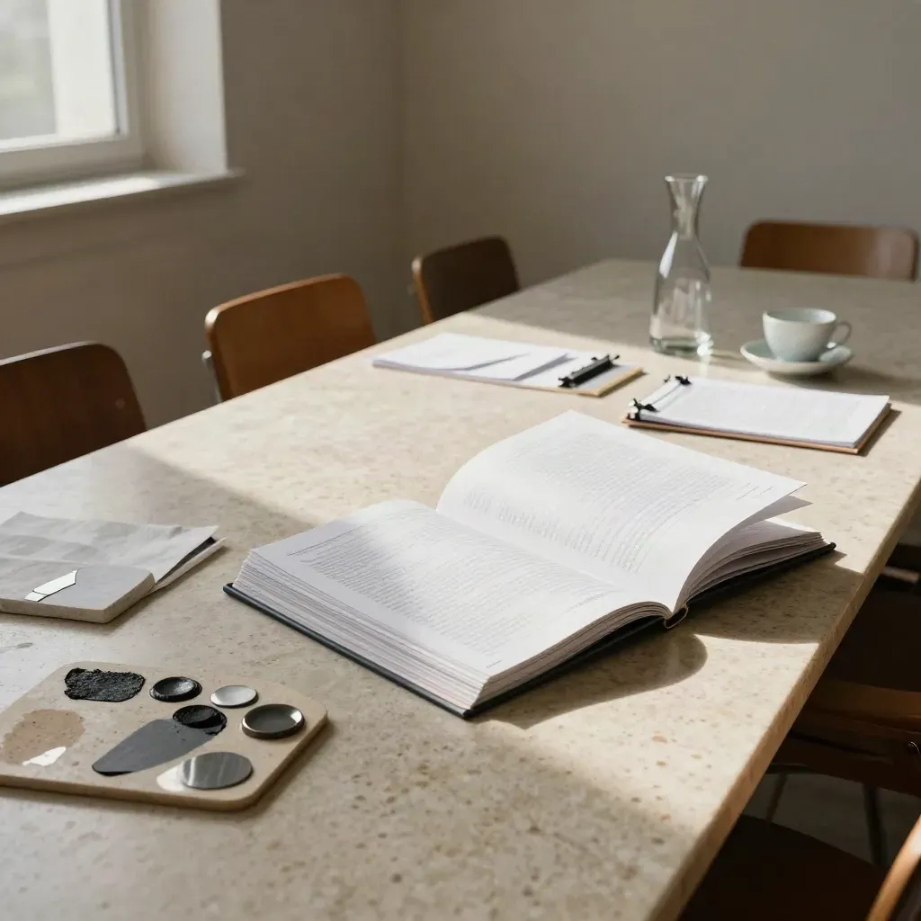Open vergaderdossier met carafe, kopjes en lege stoelen in een stille bestuurskamer.