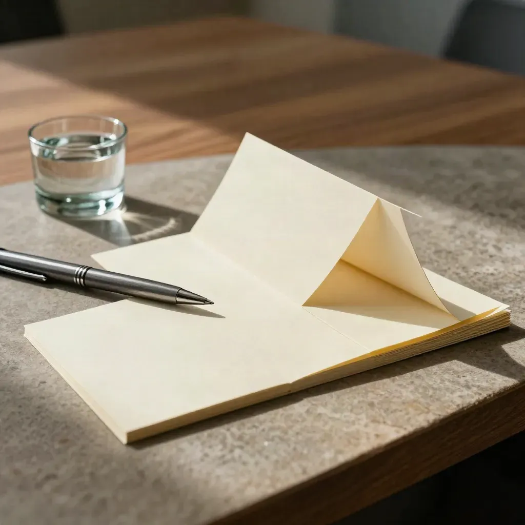 Vier promptkaarten, een dossier, pen en glazen paperweight op een stenen tafel met tealaccent.