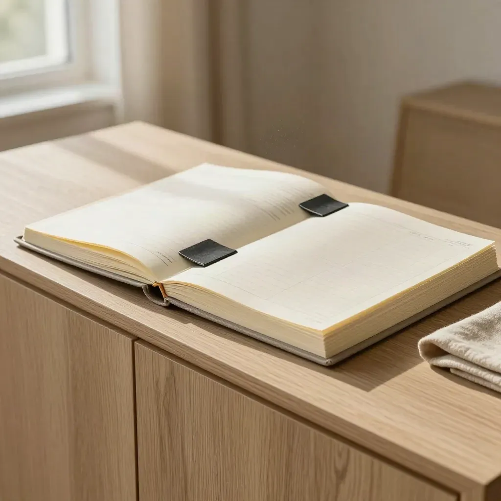Open governance-binder met tabbladen en wollen doek op licht houten oppervlak in warm daglicht.