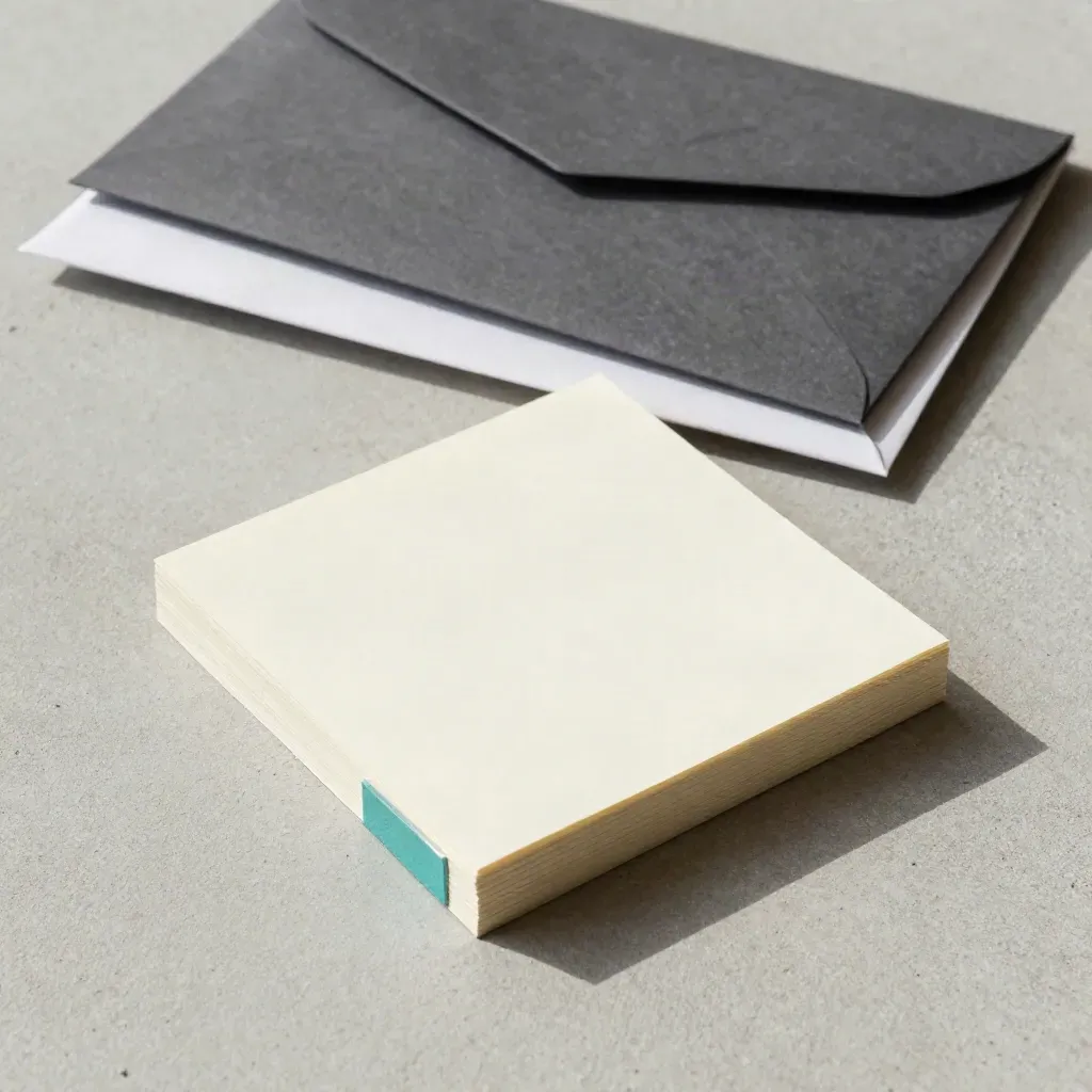 Bovenaanzicht van een dossier, verzegelde envelop en blanco kaartjes op licht beton.