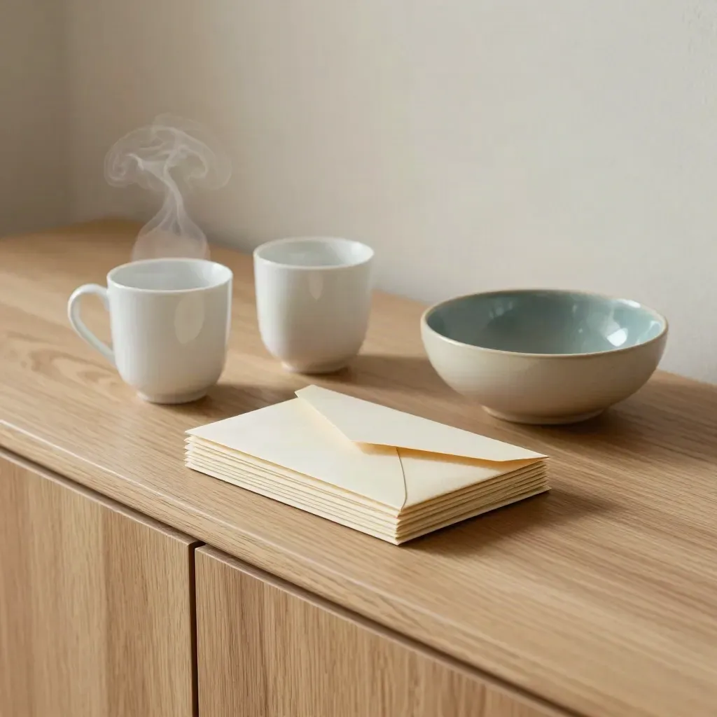 Twee kopjes, enveloppen en een kom op een eiken sideboard in zacht daglicht.