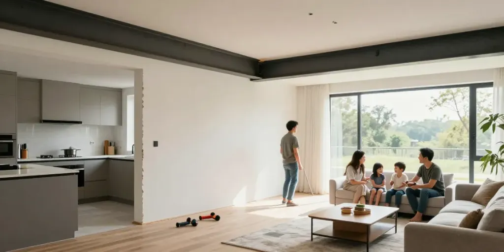 Open woonkamer na het verwijderen van de draagmuur met stalen balk, modern interieur.